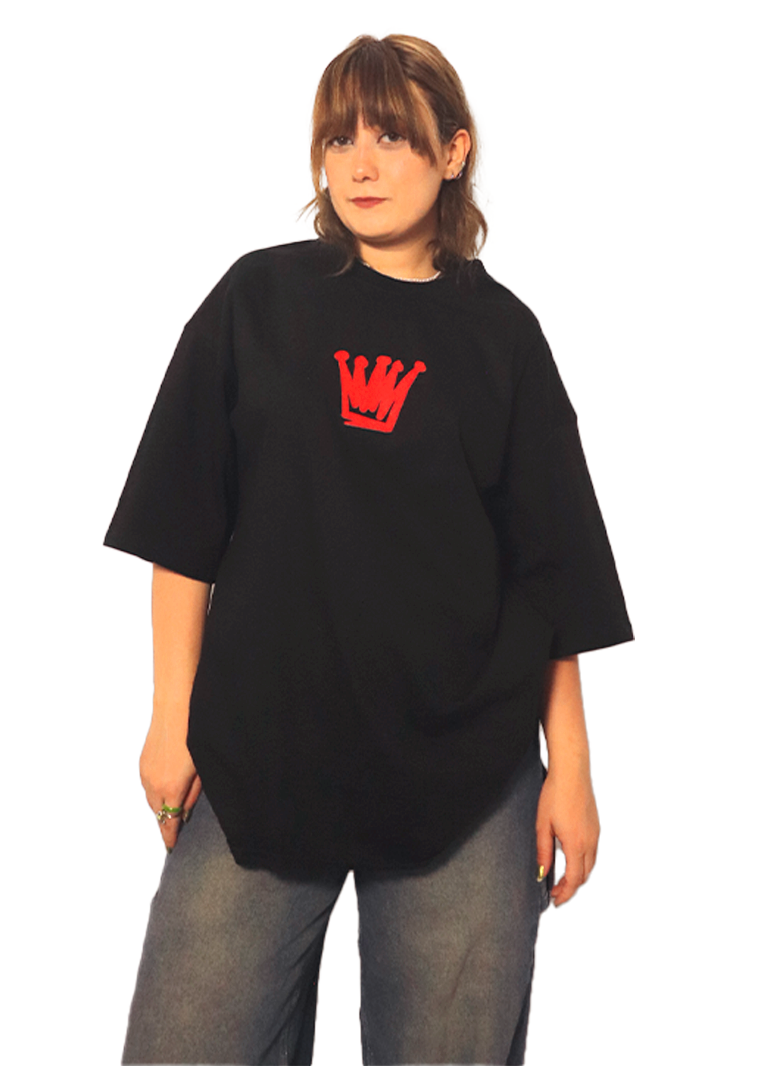 Black unisex oversize tee with red crown logo worn by model with casual jeans