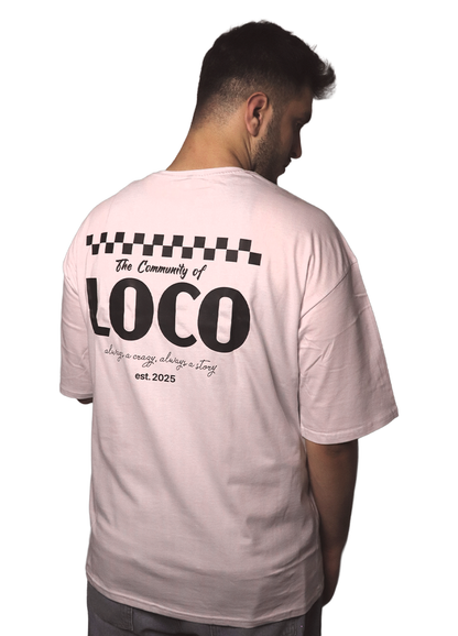 Loco Wear pembe renkte rahat kesim LOCO COMMUNITY tişört sırt baskılı